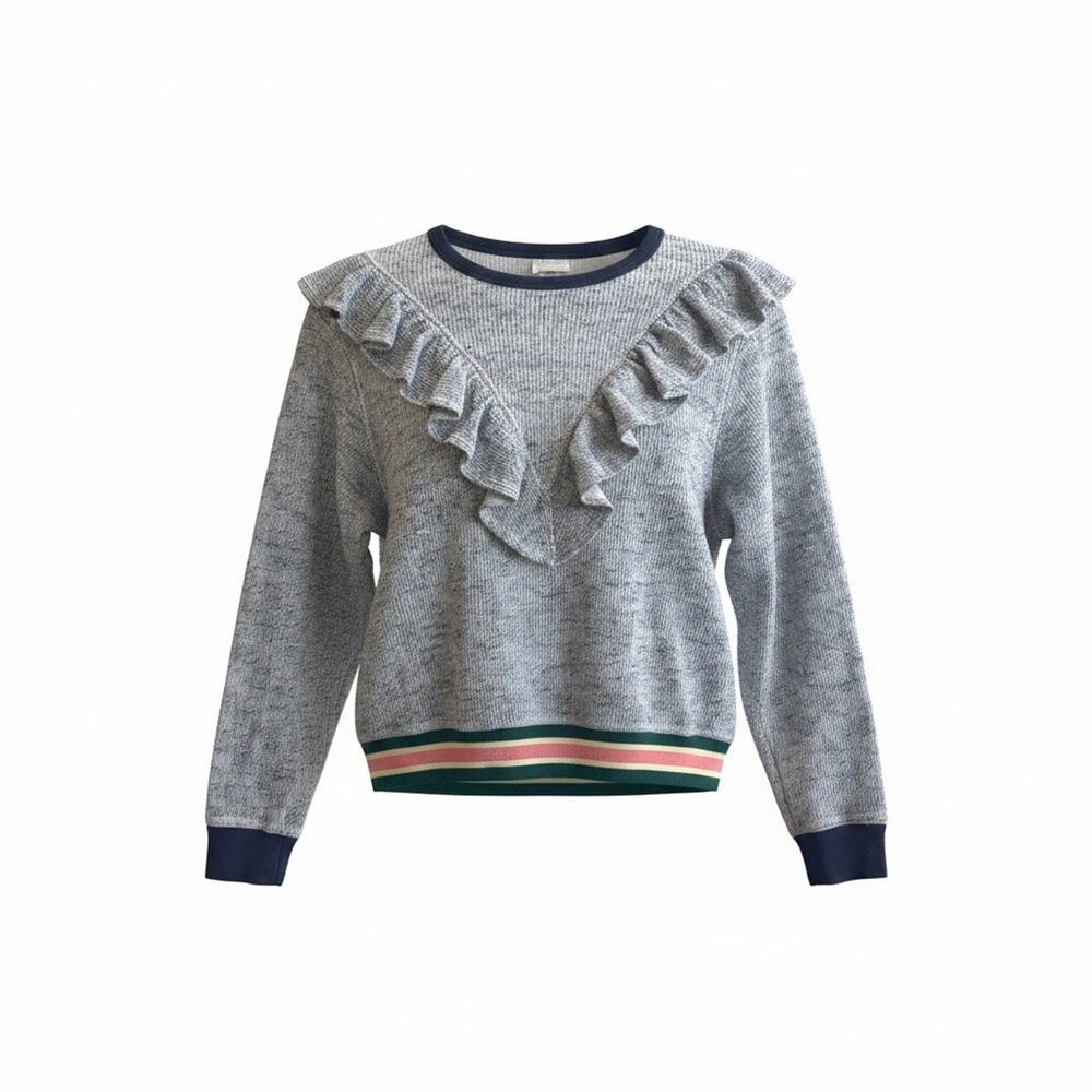 Warm NY Womens Small Light Blue Preppy Stripe Waist Detail Ruffle Pullover Top